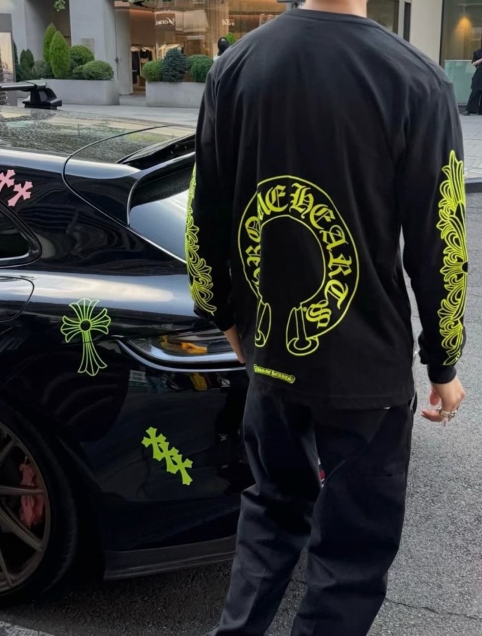 1:1 quality version Back Fluorescent Yellow-Green Horseshoe Print Long Sleeve T-Shirt 2 colors 29306218
