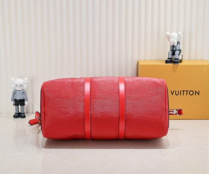 Red Textured Leather Travel Duffel Bag Street Logo Print Barrel Duffle Bag 29306469