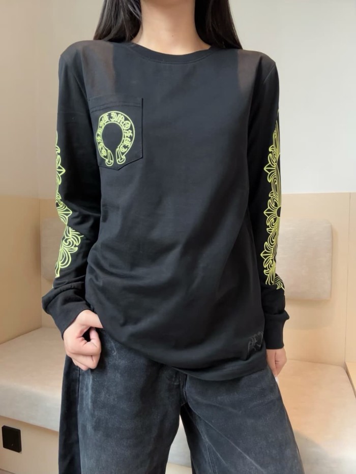 1:1 quality version Back Fluorescent Yellow-Green Horseshoe Print Long Sleeve T-Shirt 2 colors 29306218