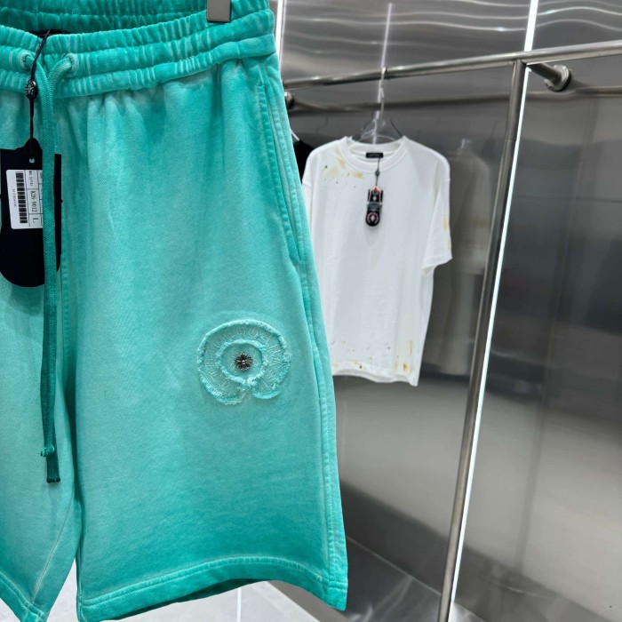 Circle Frayed Edge Patch Embroidery Gradient Washed Drawstring Sweat Shorts 3 colors 29306876