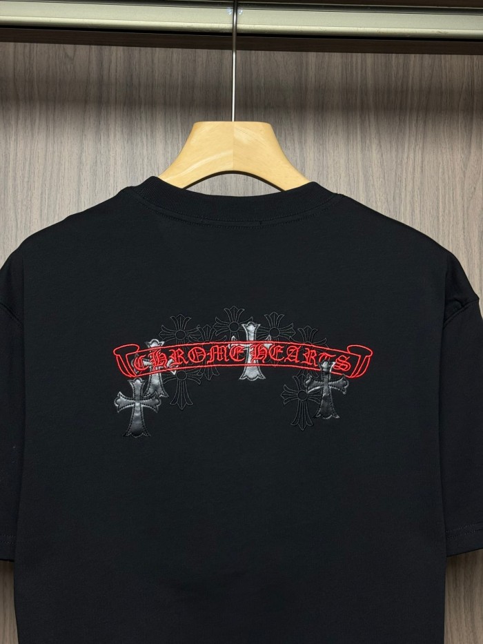 1:1 quality version  Front Small Red Scroll Letter Back Cross Pattern Gothic Script Embroidery T-shirt 2 colors 29306863