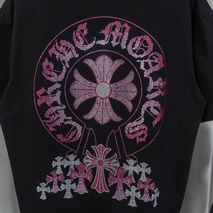 1:1 quality version High Street Pink Rhinestone Horseshoe Multi Cross Logo Oversized Crew Neck Unisex T-shirt 2 colors 29319422