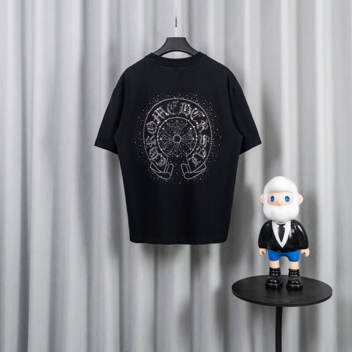 1:1 quality version High Street Horseshoe Cross Rhinestone Hot Drill Print Oversized T-shirt 2 colors 29319410