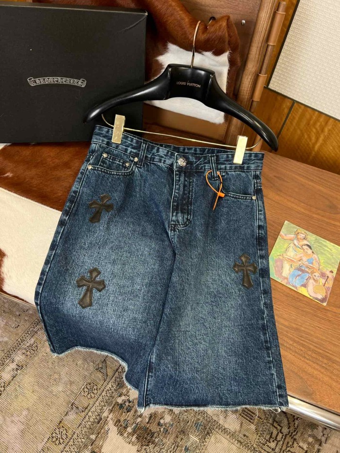 1:1 quality version Washed Blue Leather Cross Patch Raw Edge Five Pocket Unisex Denim Shorts 29319460