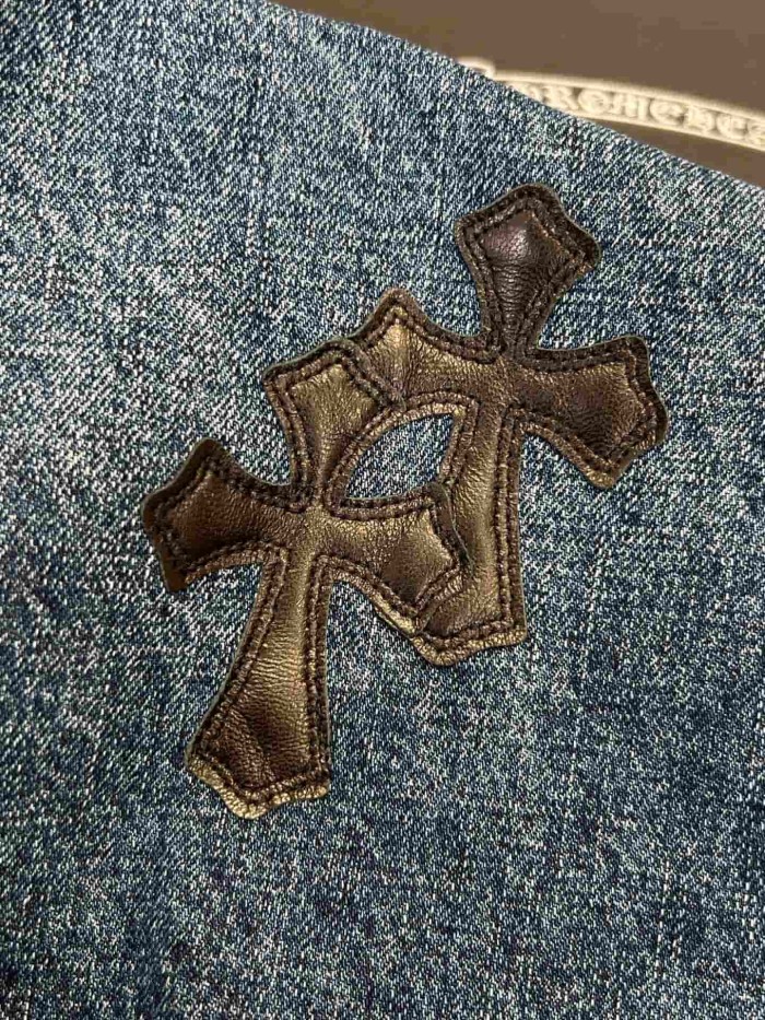 1:1 quality version Washed Blue Leather Cross Patch Raw Edge Five Pocket Unisex Denim Shorts 29319460