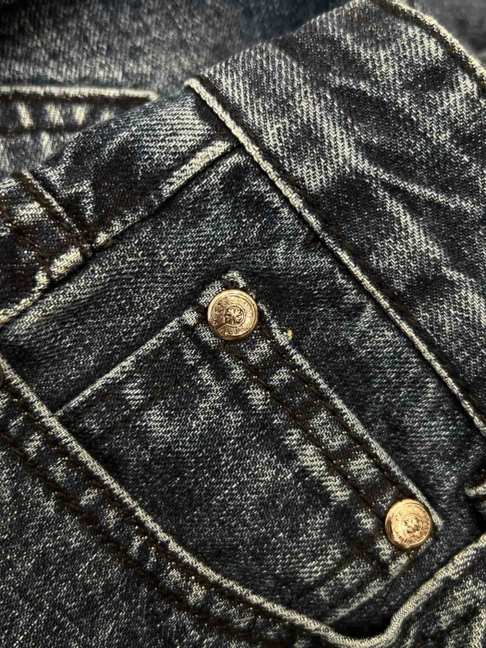 1:1 quality version Washed Blue Leather Cross Patch Raw Edge Five Pocket Unisex Denim Shorts 29319460