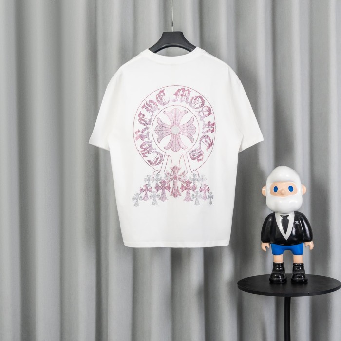 1:1 quality version High Street Pink Rhinestone Horseshoe Multi Cross Logo Oversized Crew Neck Unisex T-shirt 2 colors 29319422