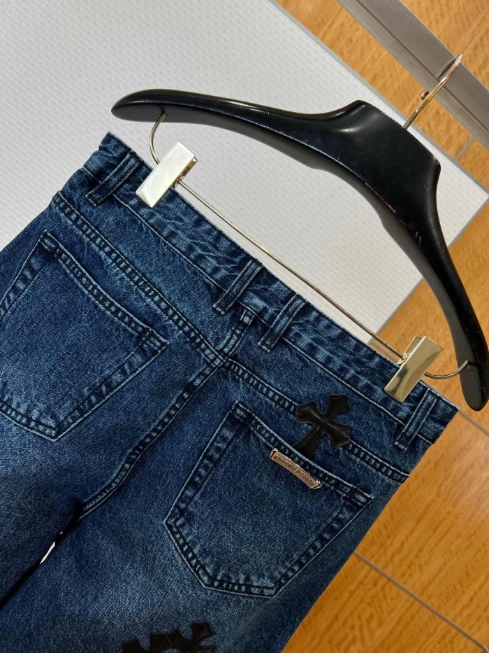 1:1 quality version Washed Blue Leather Cross Patch Raw Edge Five Pocket Unisex Denim Shorts 29319460