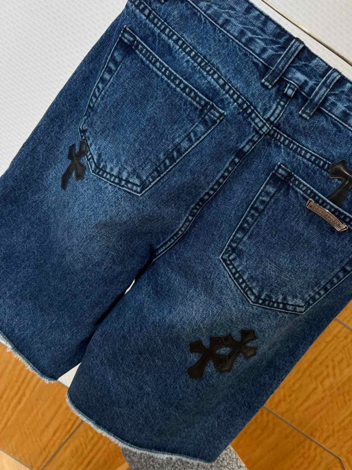1:1 quality version Washed Blue Leather Cross Patch Raw Edge Five Pocket Unisex Denim Shorts 29319460