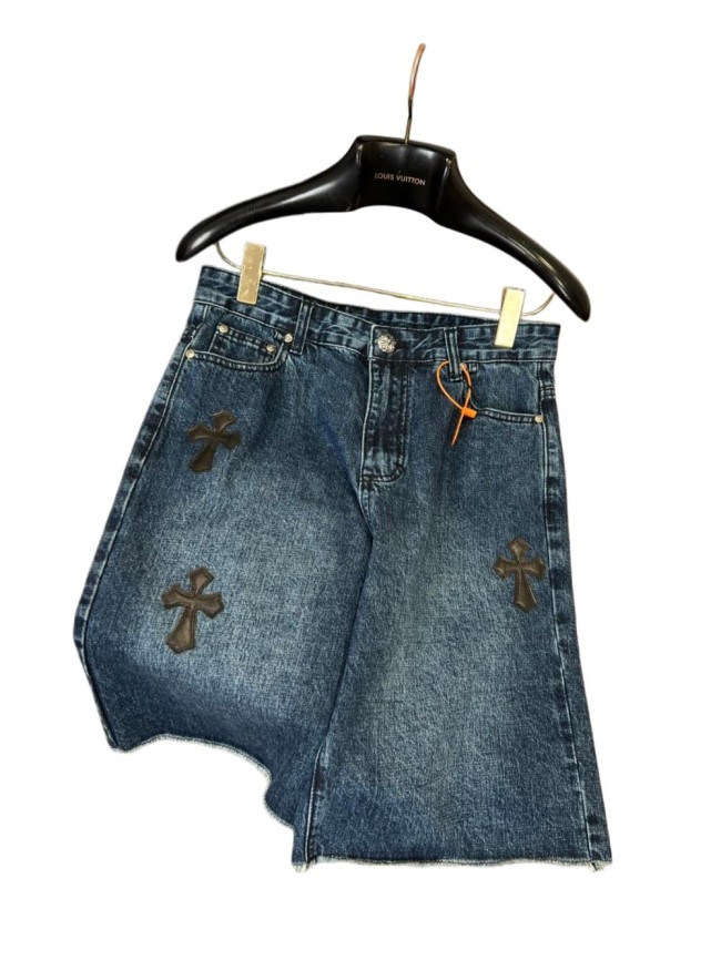 1:1 quality version Washed Blue Leather Cross Patch Raw Edge Five Pocket Unisex Denim Shorts 29319460