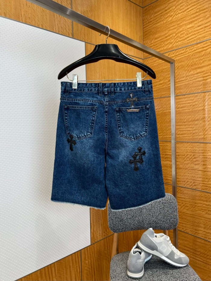 1:1 quality version Washed Blue Leather Cross Patch Raw Edge Five Pocket Unisex Denim Shorts 29319460