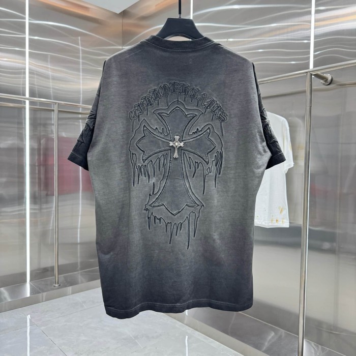 1:1 quality version Vintage Tee Neck Wrap Gothic Letter Back Drip 3D Raised Cross Embroidery Washed Oversized T-shirt 2 colors 29319455