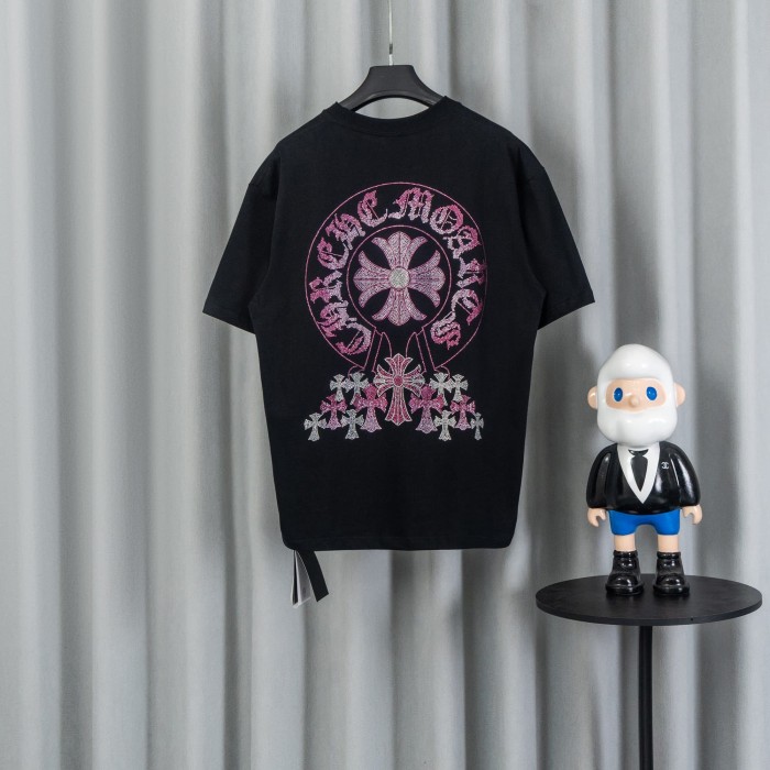 1:1 quality version High Street Pink Rhinestone Horseshoe Multi Cross Logo Oversized Crew Neck Unisex T-shirt 2 colors 29319422