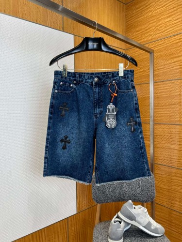 1:1 quality version Washed Blue Leather Cross Patch Raw Edge Five Pocket Unisex Denim Shorts 29319460
