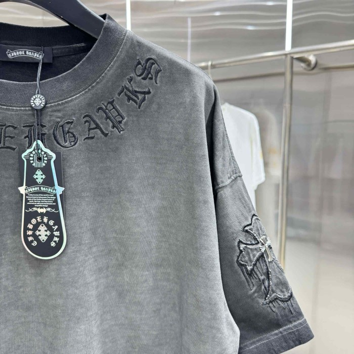 1:1 quality version Vintage Tee Neck Wrap Gothic Letter Back Drip 3D Raised Cross Embroidery Washed Oversized T-shirt 2 colors 29319455