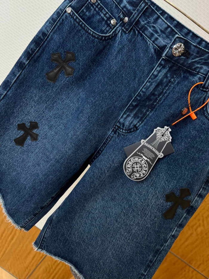 1:1 quality version Washed Blue Leather Cross Patch Raw Edge Five Pocket Unisex Denim Shorts 29319460