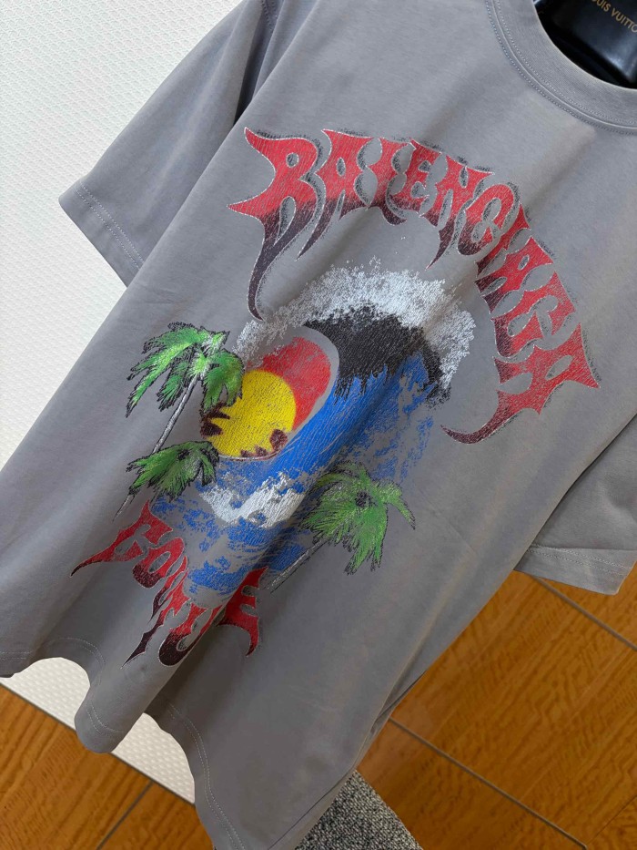 1:1 quality version Gothic Thorn Script Letter Middle Wave Sunset Palm Beach Print Oversized T-shirt 3 colors 29321534