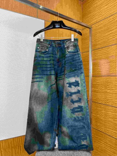 1:1 quality version Heavy Wash Gradient Yellowed Bleach Side Vertical Thorn Gothic Font Patch Stitch High Waist Denim Pants 29321480