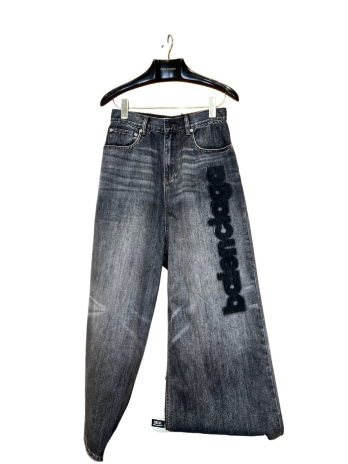 1:1 quality version  Vertical Large Flock Letter Print Horizontal Bleach Whisker Distressed High Waist Wide Leg Denim Pants 29321486