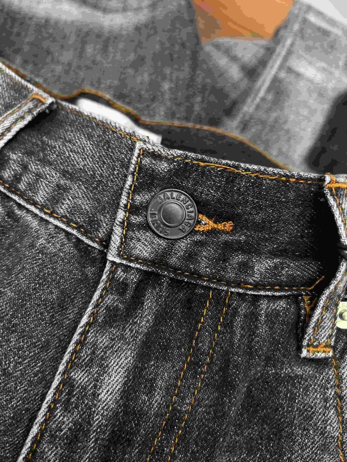 1:1 quality version  Vertical Large Flock Letter Print Horizontal Bleach Whisker Distressed High Waist Wide Leg Denim Pants 29321486