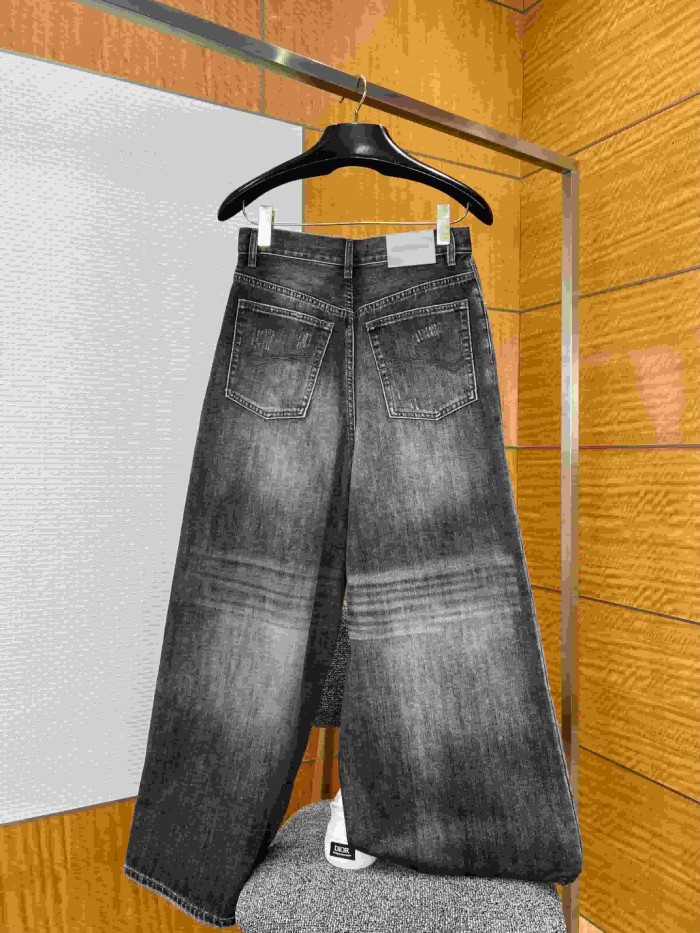 1:1 quality version  Vertical Large Flock Letter Print Horizontal Bleach Whisker Distressed High Waist Wide Leg Denim Pants 29321486
