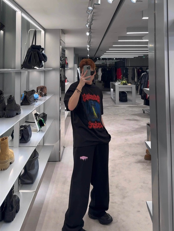 1:1 quality version Elastic Drawstring Waist Single Side Light Purple Melting Drip Letter Print Wide Leg Sweatpants 29321568