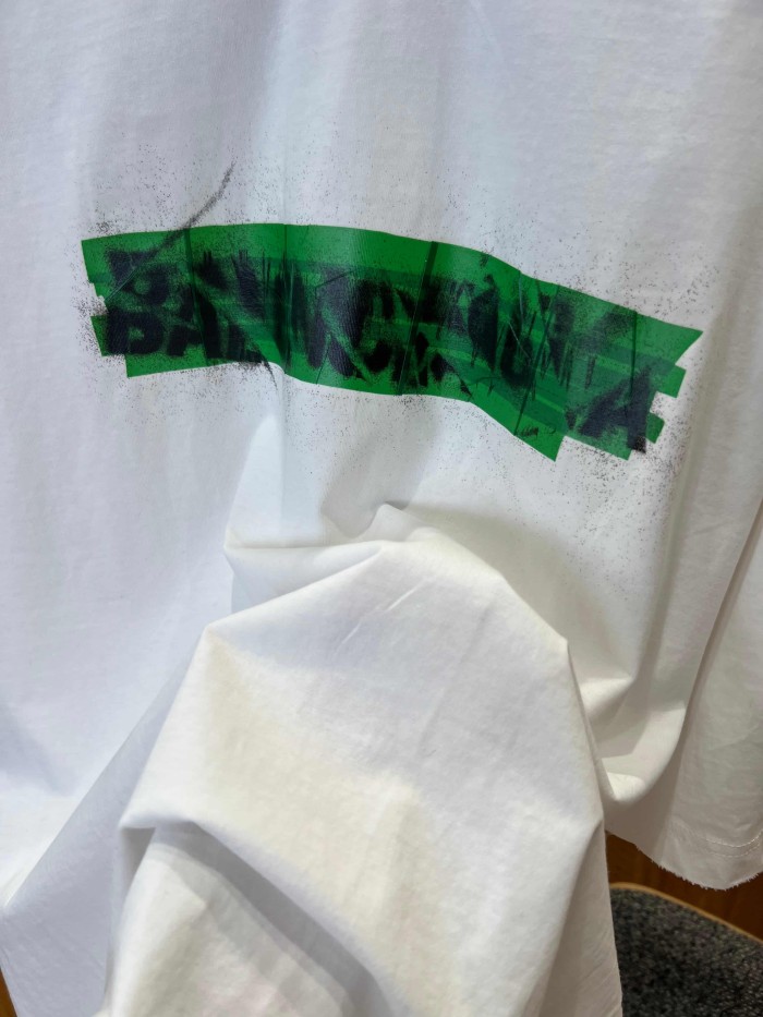 1:1 quality version Tape Cover Cracked Green Splatter Ink Letter Print Frayed Neckline Oversized Drop Shoulder T-shirt 29321426