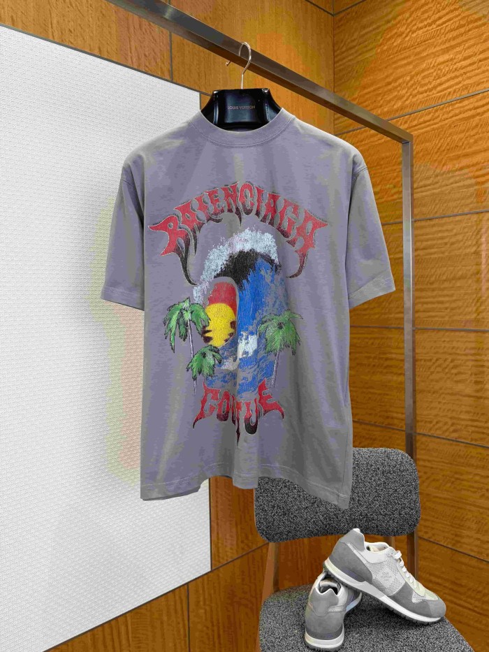 1:1 quality version Gothic Thorn Script Letter Middle Wave Sunset Palm Beach Print Oversized T-shirt 3 colors 29321534
