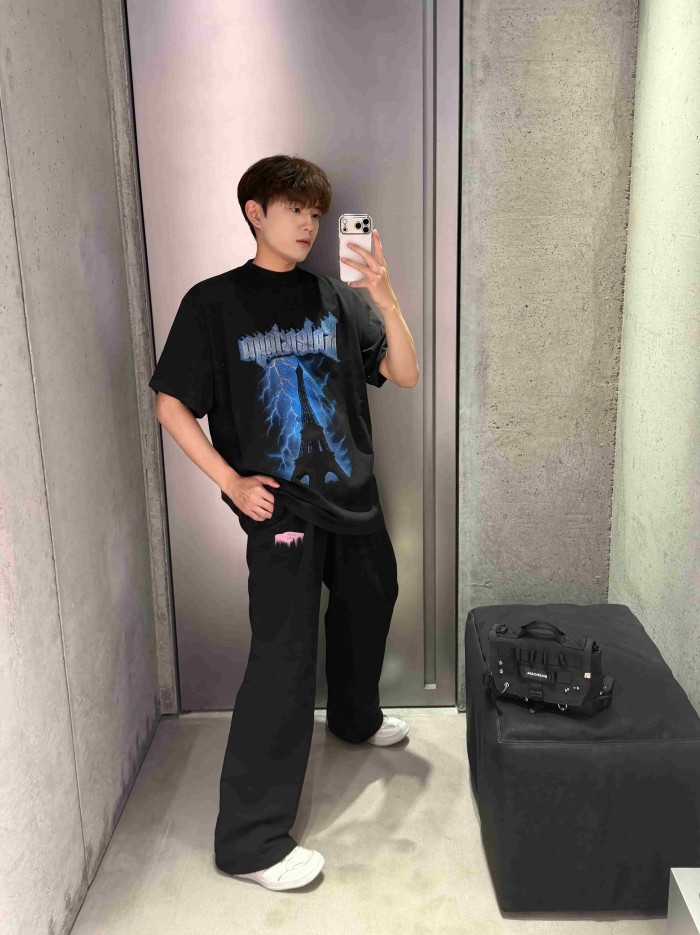1:1 quality version Elastic Drawstring Waist Single Side Light Purple Melting Drip Letter Print Wide Leg Sweatpants 29321568