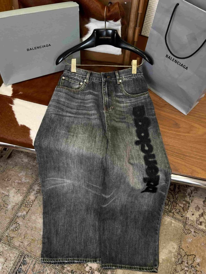 1:1 quality version  Vertical Large Flock Letter Print Horizontal Bleach Whisker Distressed High Waist Wide Leg Denim Pants 29321486