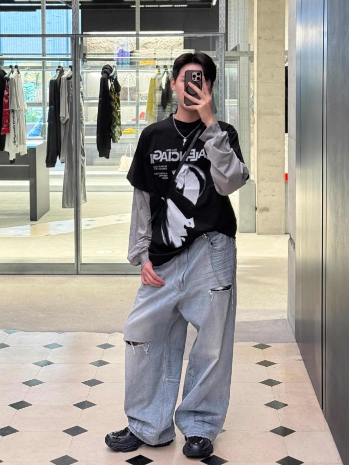 1:1 quality version Dark Streetwear Side Profile Portrait Letter Slogan Print Heavy Washed Crew Neck Oversized Drop Shoulder T-shirt 29321108