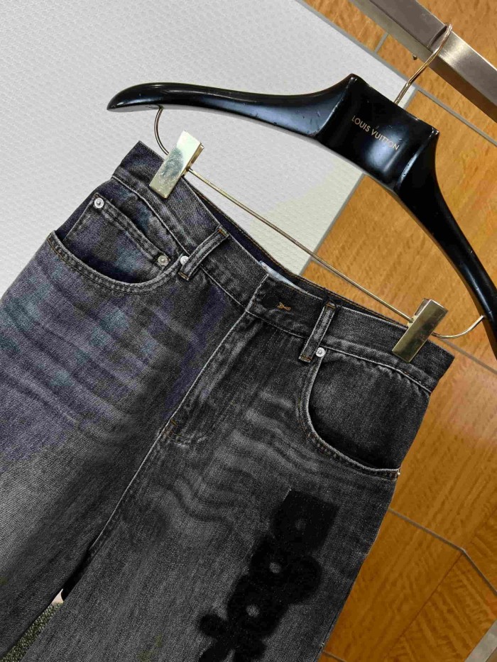 1:1 quality version  Vertical Large Flock Letter Print Horizontal Bleach Whisker Distressed High Waist Wide Leg Denim Pants 29321486