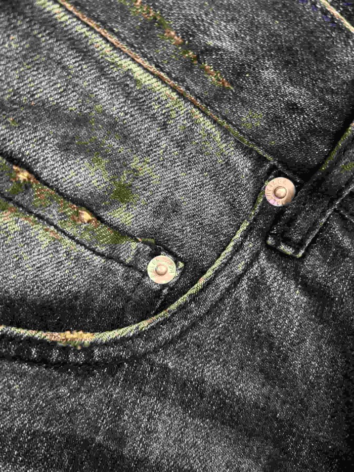 1:1 quality version Heavy Wash Gradient Yellowed Bleach Side Vertical Thorn Gothic Font Patch Stitch High Waist Denim Pants 29321480