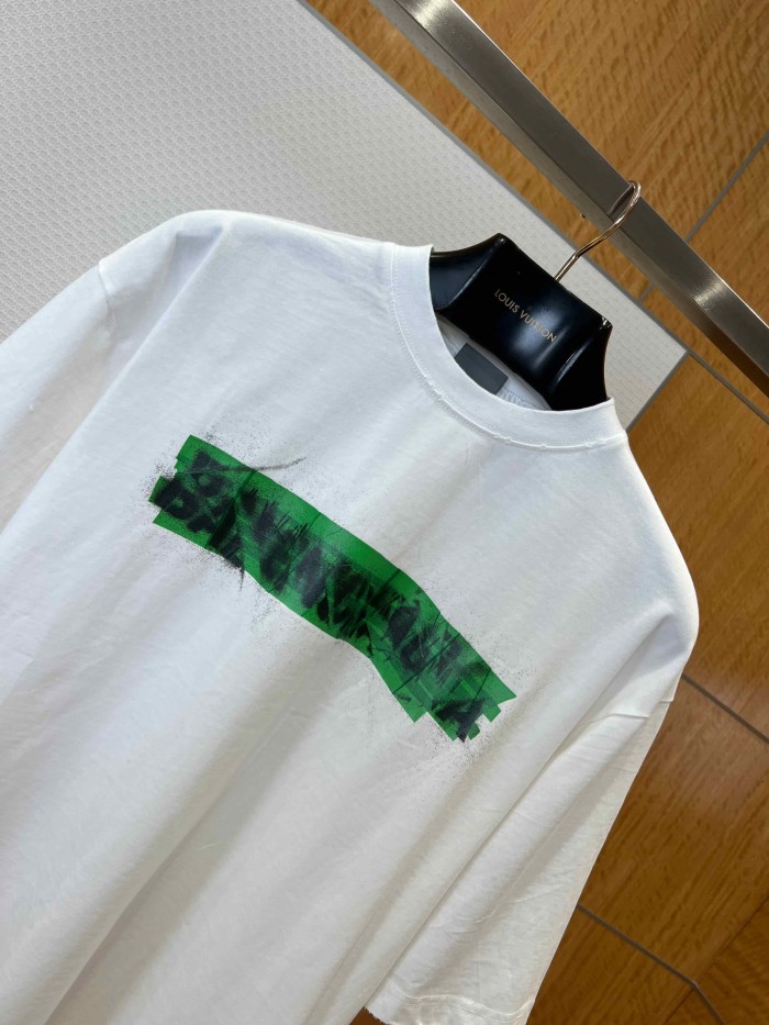 1:1 quality version Tape Cover Cracked Green Splatter Ink Letter Print Frayed Neckline Oversized Drop Shoulder T-shirt 29321426