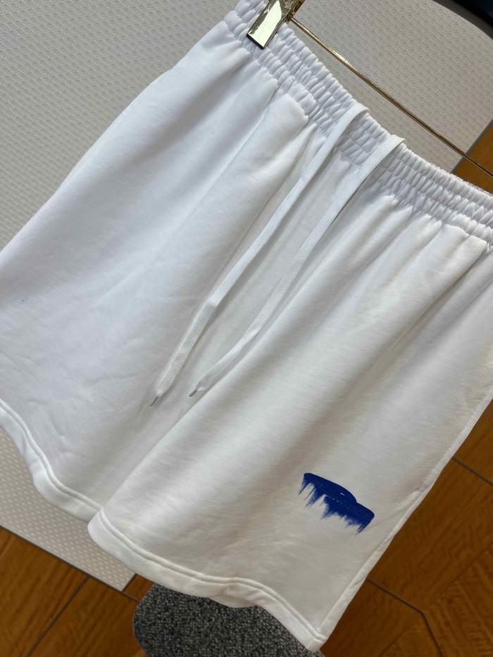 1:1 quality version  Double Drawstring Elastic Waist Single Side Blue Melting Drip Letter Print Loose Five Point Sweat Shorts 29321610