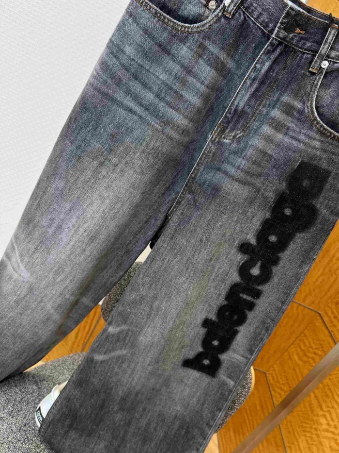 1:1 quality version  Vertical Large Flock Letter Print Horizontal Bleach Whisker Distressed High Waist Wide Leg Denim Pants 29321486