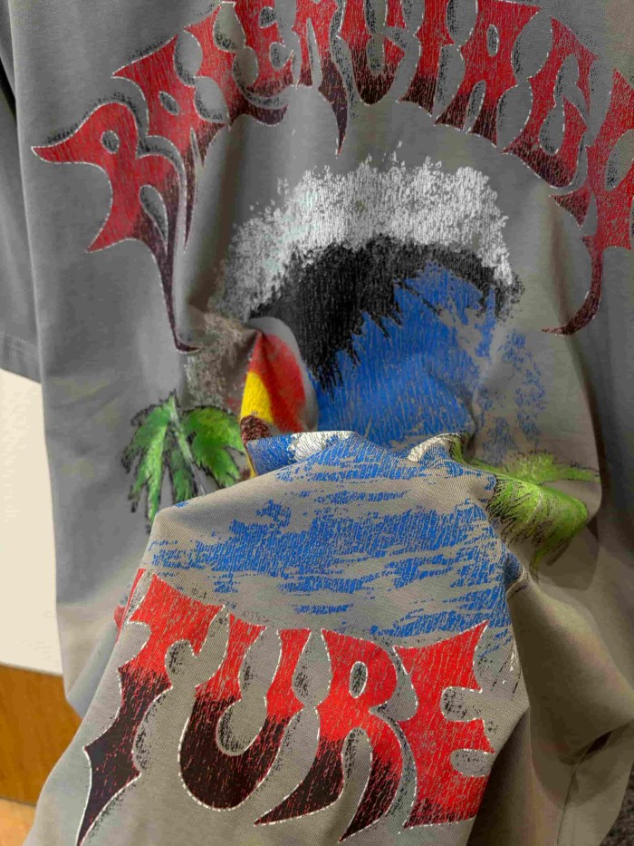 1:1 quality version Gothic Thorn Script Letter Middle Wave Sunset Palm Beach Print Oversized T-shirt 3 colors 29321534