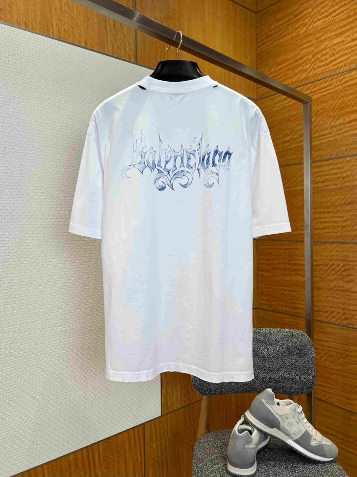 1:1 quality version Gothic Script Gradient Vintage Letter Print Distressed Frayed Neck Oversized T-shirt 2 colors 29321473