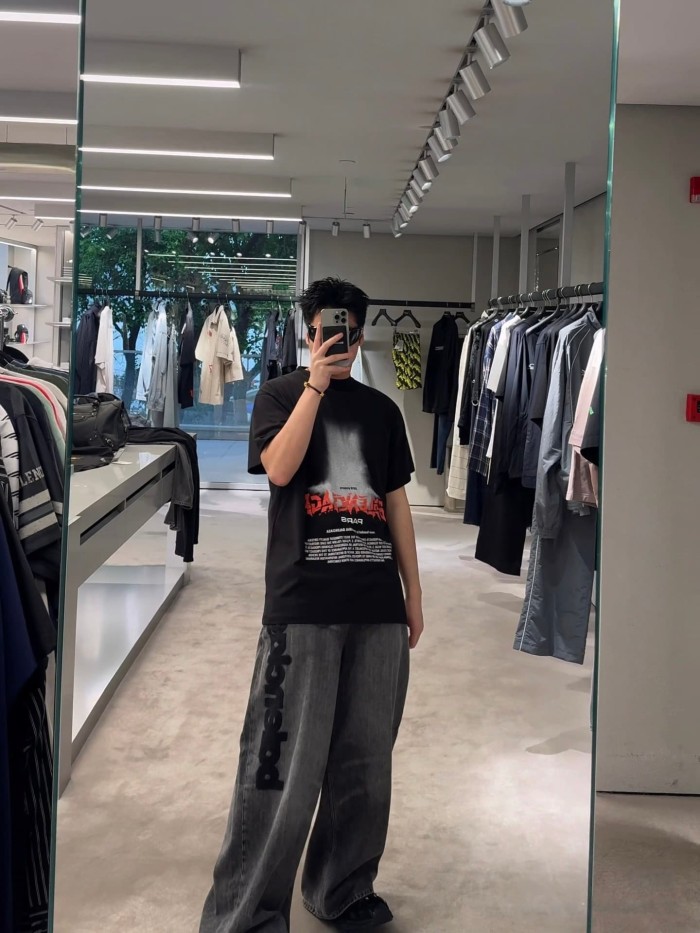 1:1 quality version  Vertical Large Flock Letter Print Horizontal Bleach Whisker Distressed High Waist Wide Leg Denim Pants 29321486