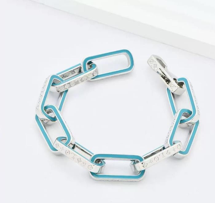 Sky Blue Enamel Monogram Paperclip Thick Chain Bracelet 29321603