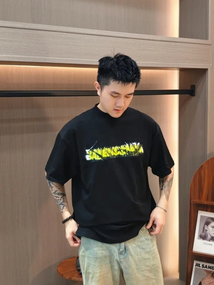1:1 quality version Tape Cover Cracked Yellow White Splatter Ink Letter Print Oversized Drop Shoulder T-shirt 29321187