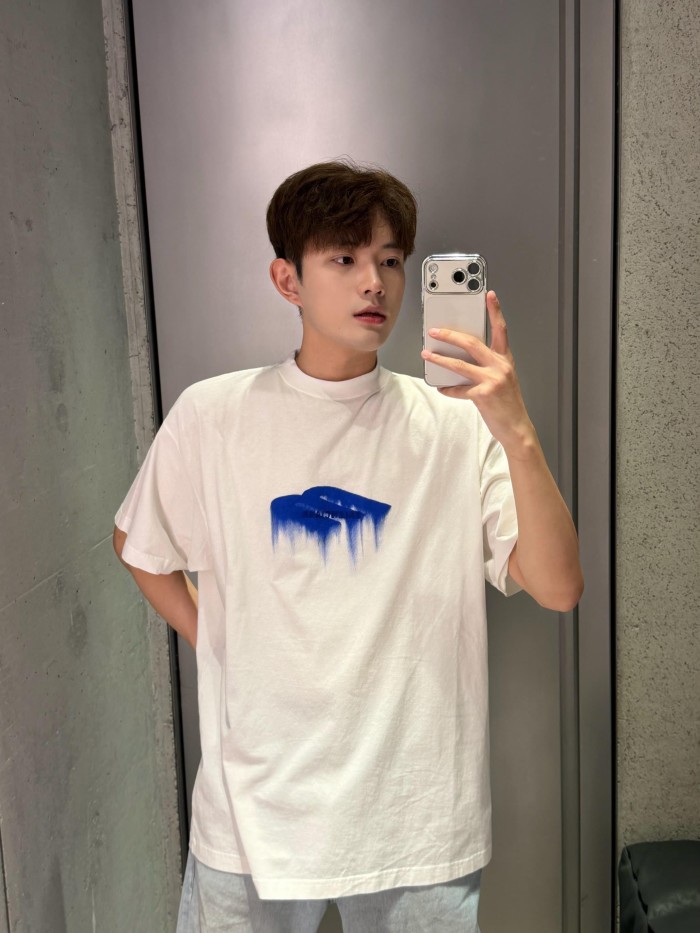 1:1 quality version Royal Blue Irregular Paint Brush Melting Drip Gradient Mini Logo Print Oversized Drop Shoulder T-shirt 29321628