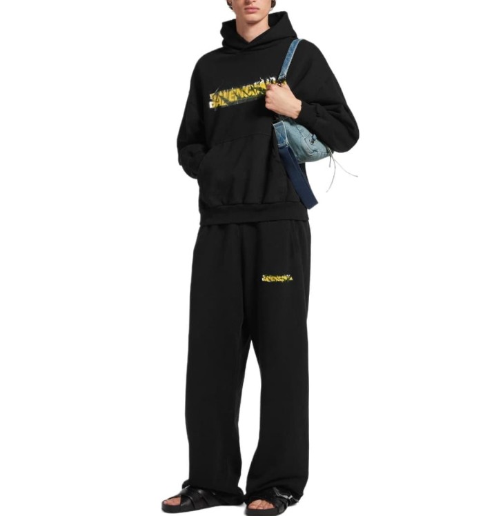 1:1 quality version Drawstring Elastic Waist Raw Edge Hem Cracked Yellow White Paint Letter Print Wide Leg Straight Floor Length Sweatpants 29321136