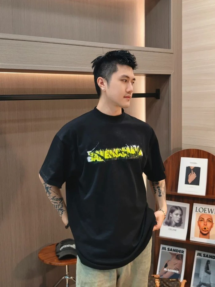 1:1 quality version Tape Cover Cracked Yellow White Splatter Ink Letter Print Oversized Drop Shoulder T-shirt 29321187
