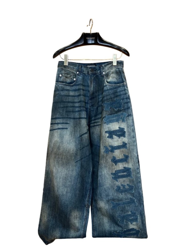 1:1 quality version Heavy Wash Gradient Yellowed Bleach Side Vertical Thorn Gothic Font Patch Stitch High Waist Denim Pants 29321480