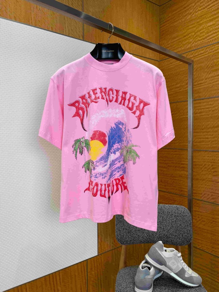 1:1 quality version Gothic Thorn Script Letter Middle Wave Sunset Palm Beach Print Oversized T-shirt 3 colors 29321534