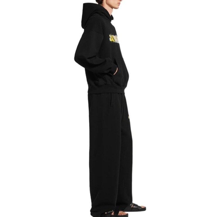 1:1 quality version Drawstring Elastic Waist Raw Edge Hem Cracked Yellow White Paint Letter Print Wide Leg Straight Floor Length Sweatpants 29321136
