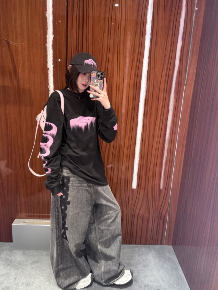 1:1 quality version  Vertical Large Flock Letter Print Horizontal Bleach Whisker Distressed High Waist Wide Leg Denim Pants 29321486
