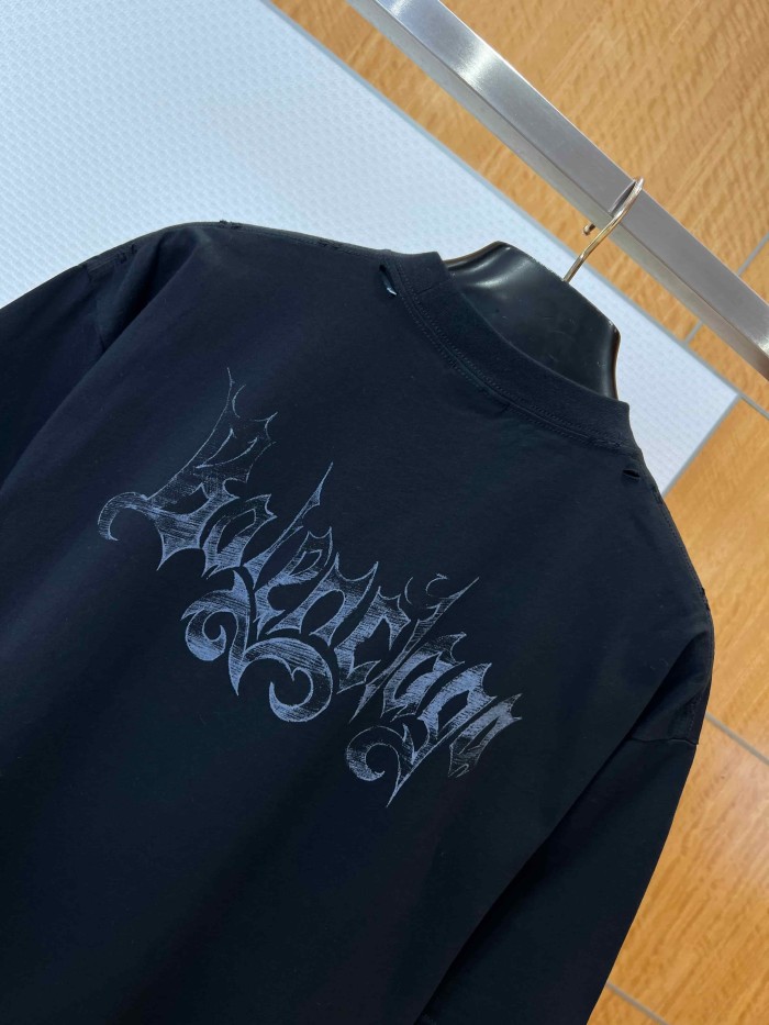 1:1 quality version Gothic Script Gradient Vintage Letter Print Distressed Frayed Neck Oversized T-shirt 2 colors 29321473