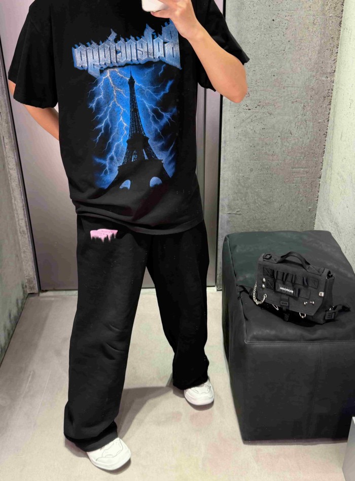 1:1 quality version Elastic Drawstring Waist Single Side Light Purple Melting Drip Letter Print Wide Leg Sweatpants 29321568